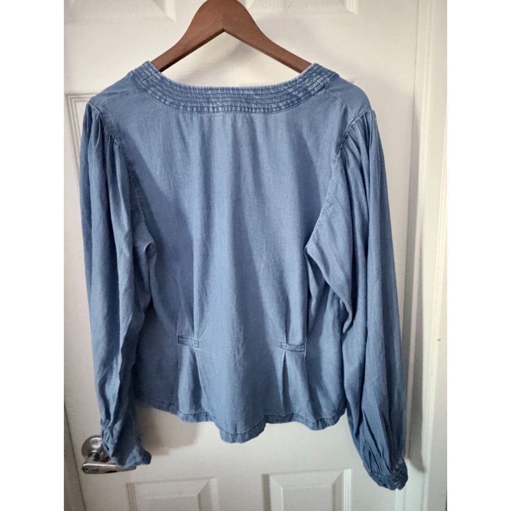 Madewell Denim Pintuck V-Neck Puff Sleeve Button Front Top Light Wash NZ186 14 - Picture 5 of 6